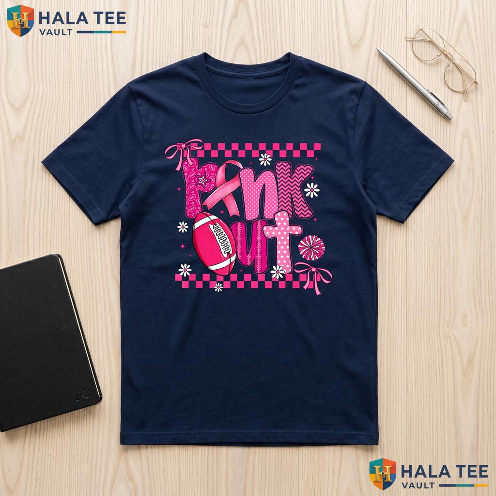 Pink Out Football Bow Shirt Breast Cancer Womens Coquette Apparel Adult