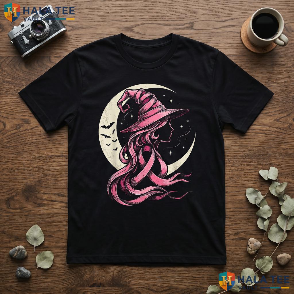 Pink Ribbon Breast Cancer Tee Halloween Witch Graphic Apparel Top Adult
