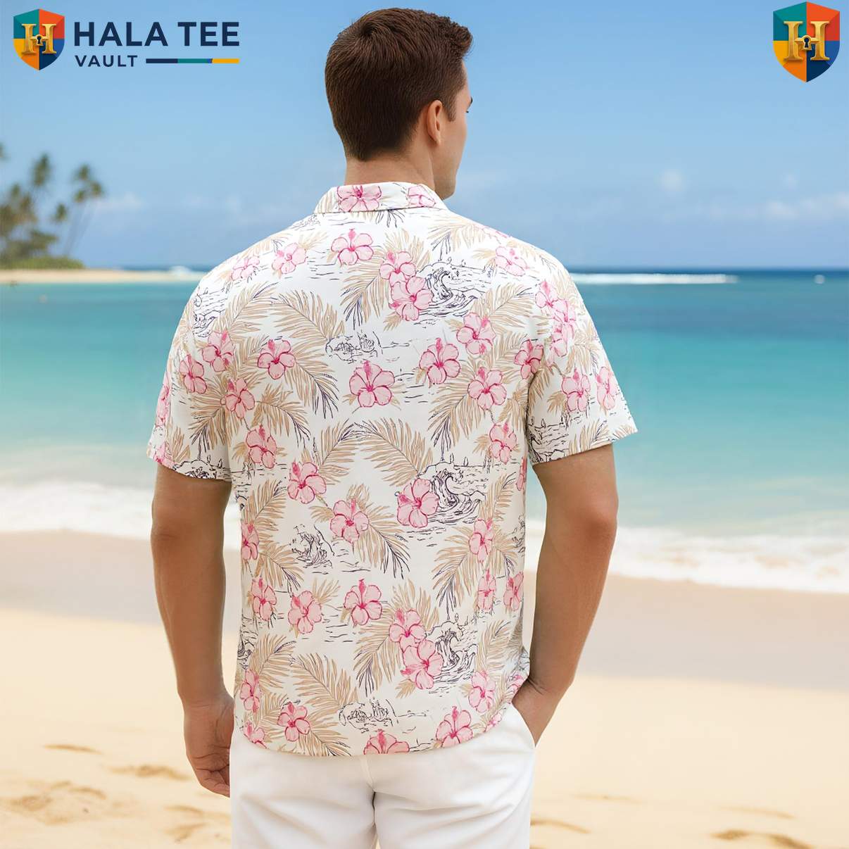 Pink White Floral Aloha T-Shirt Mens Tropical Luau Party Weekend Vacation Top