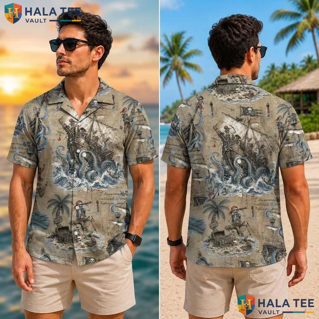 Pirate Skeleton Farm Life Tropical Shirt Mens Aloha Button Down Summer