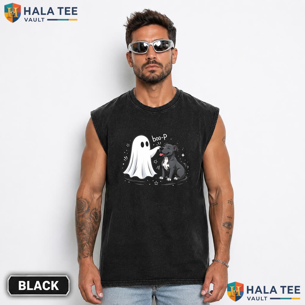 Pit Bull Ghost Streetwear Washed T-Shirt Funny Spooky Halloween Dog Lover Apparel
