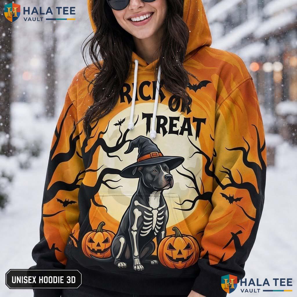 Pit Bull Trick Or Treat 3D Printed Hoodie Quirky Pumpkin Bat Halloween Graphic