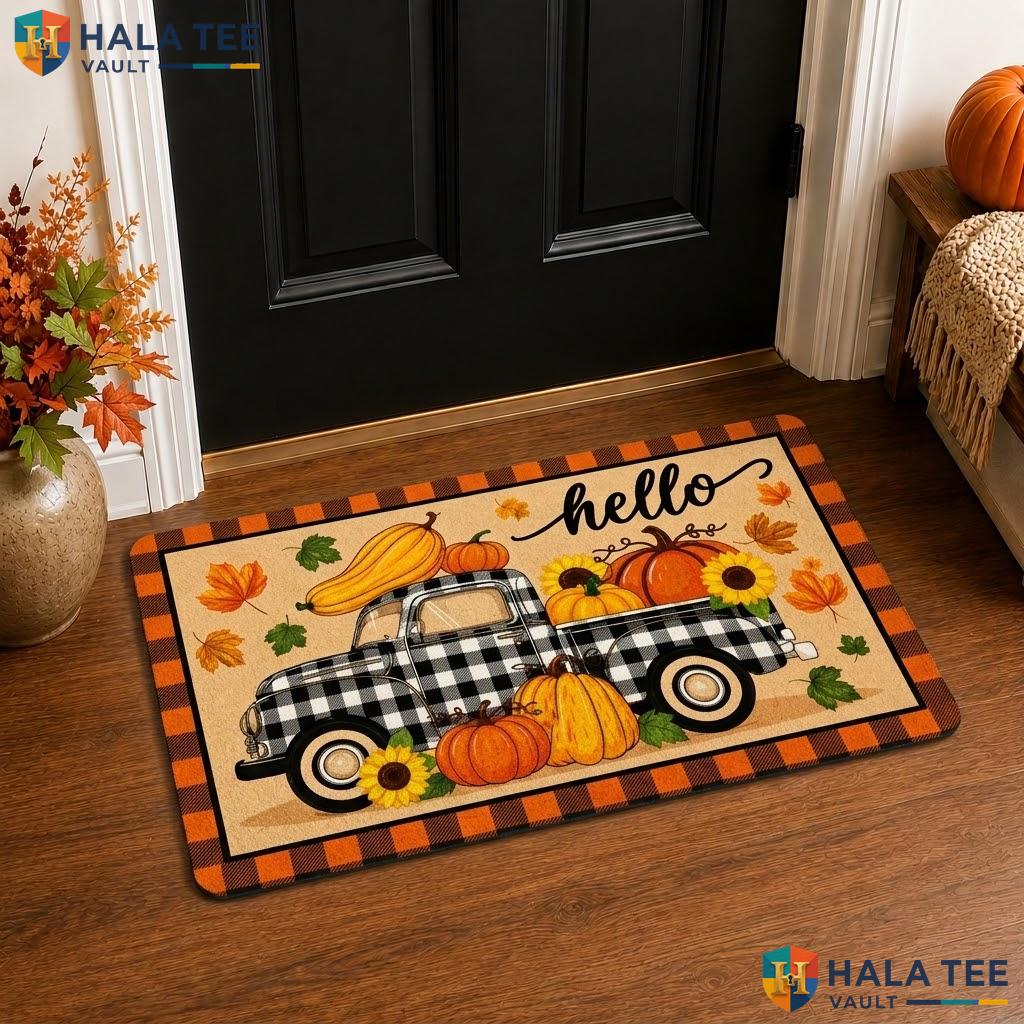 Plaid Car Pumpkin Halloween Front door mat Non Slip Ghost Spider Web Entryway Rug