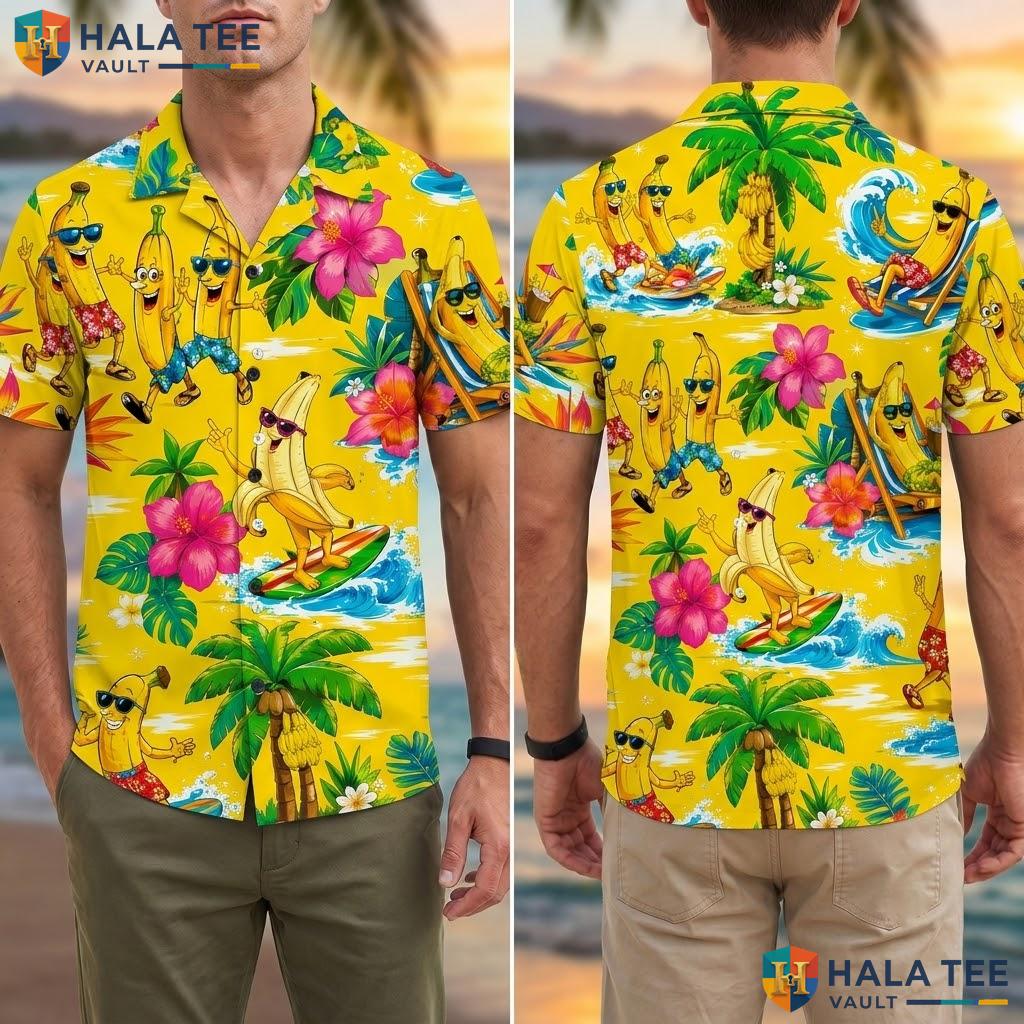 Playful Banana Hawaiian Shirt Multicoloured Summer Button Down Mens Top Adult