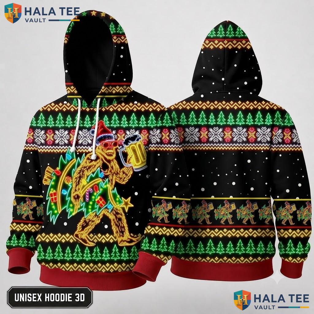 Playful Bigfoot Holiday Xmas 3D Hoodie Funny Festive Pullover Top