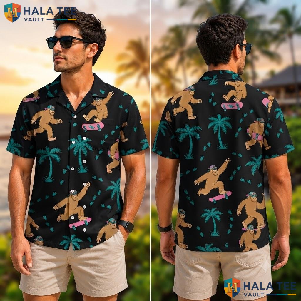Playful Bigfoot Skateboarding Hawaiian Shirt Vibrant Surf Beach Party Men