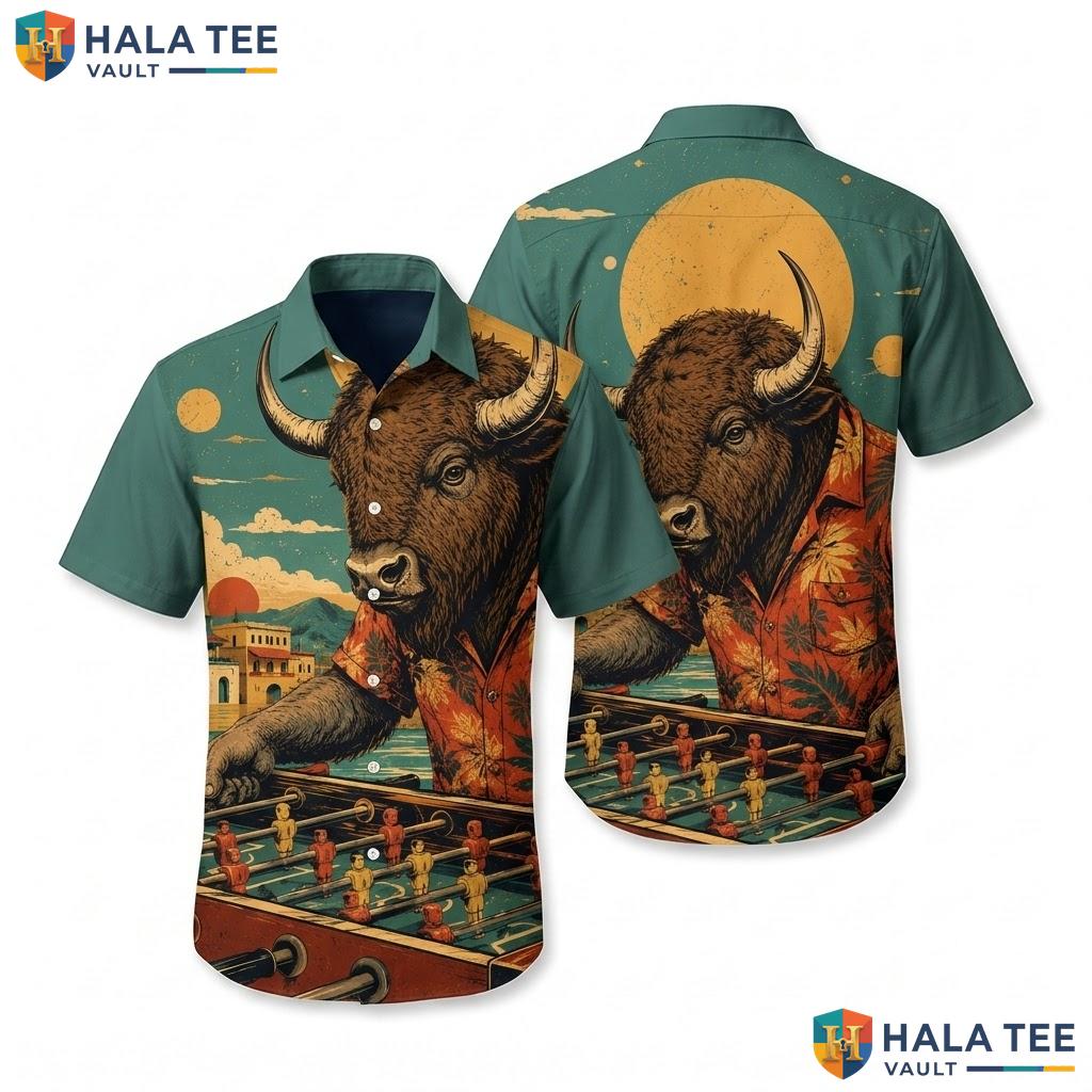 Playful Bison Foosball Hawaiian Shirt Bold Graphic Print Short Sleeve Top