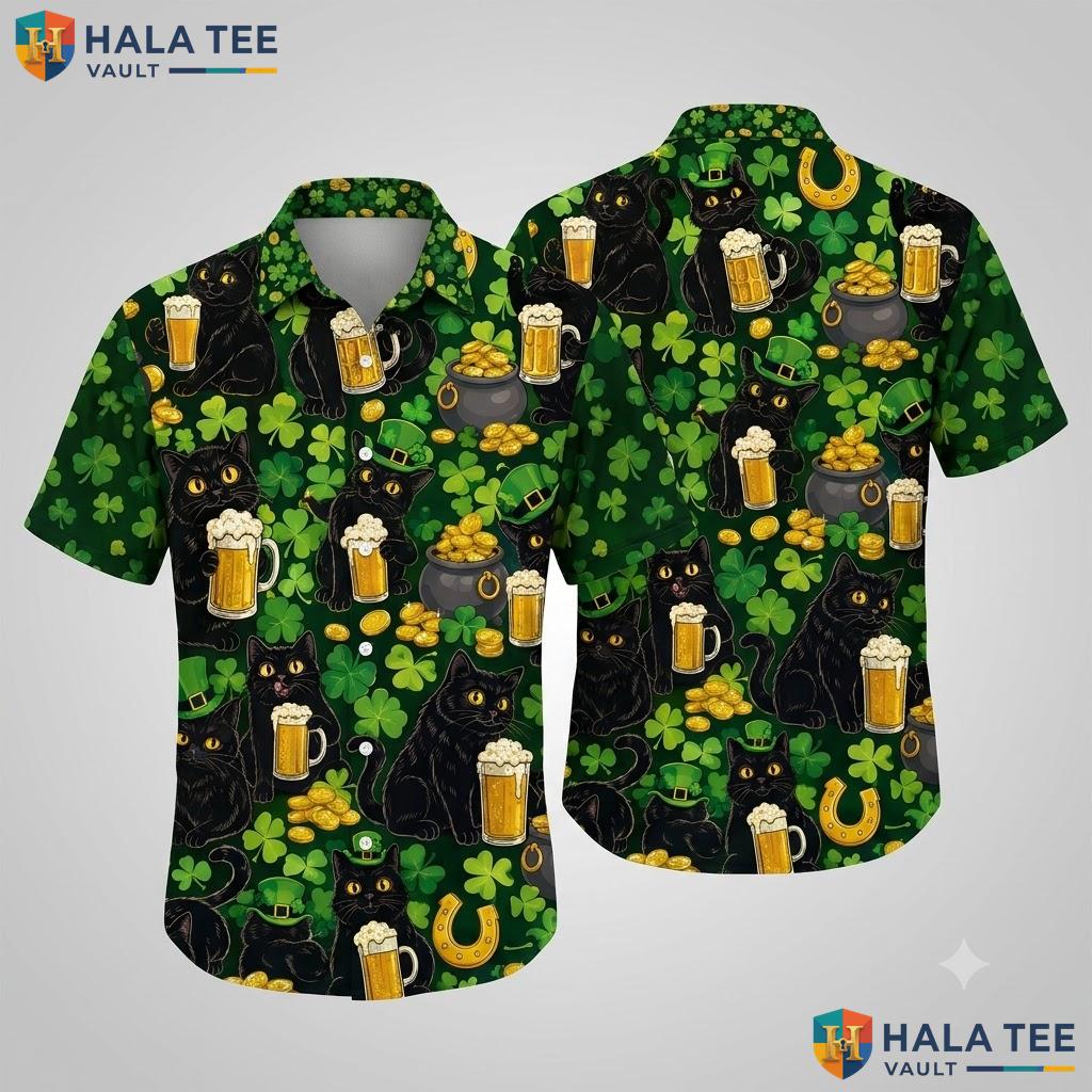 Playful Black Cat Hawaiian Shirt Funny St Patricks Day Leprechaun Top