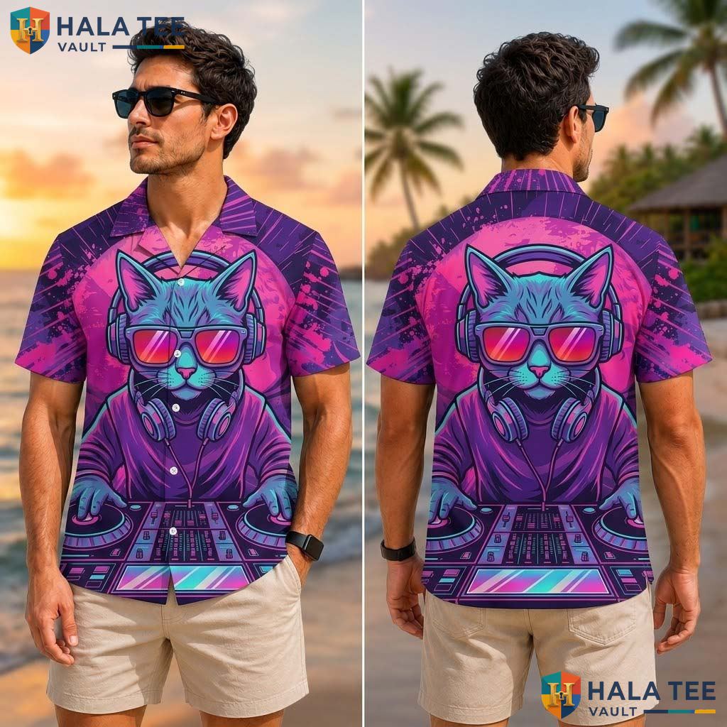 Playful Cat Dj Tropical Shirt Funny Graphic Music Lover Summer Button Down