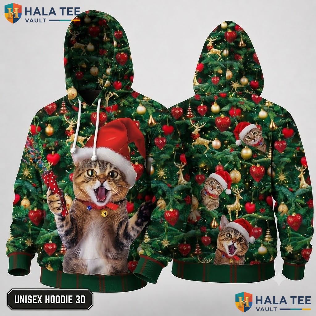 Playful Cats Ornaments Christmas 3D Hoodie Festive Cat Lover Top