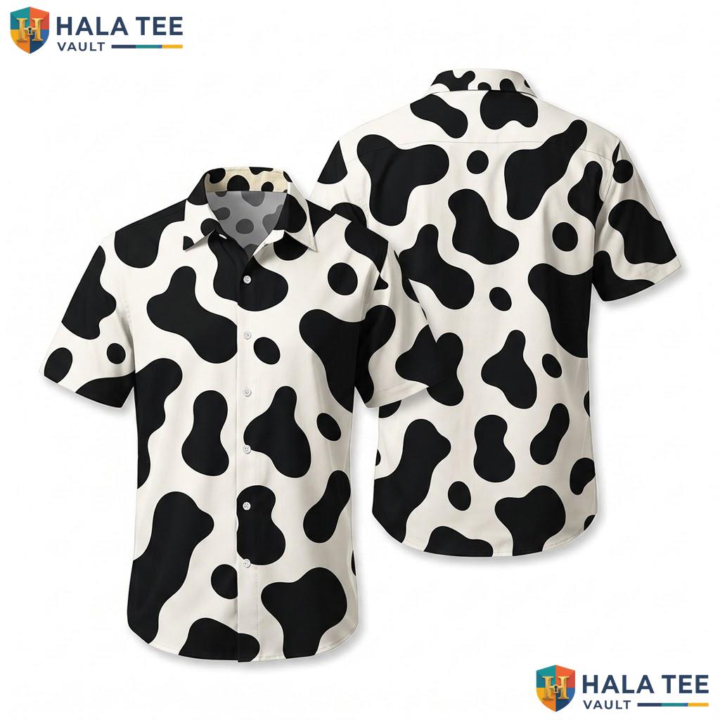 Playful Cow Print Hawaiian Shirt Fun Short Sleeve Button Down Summer Outing