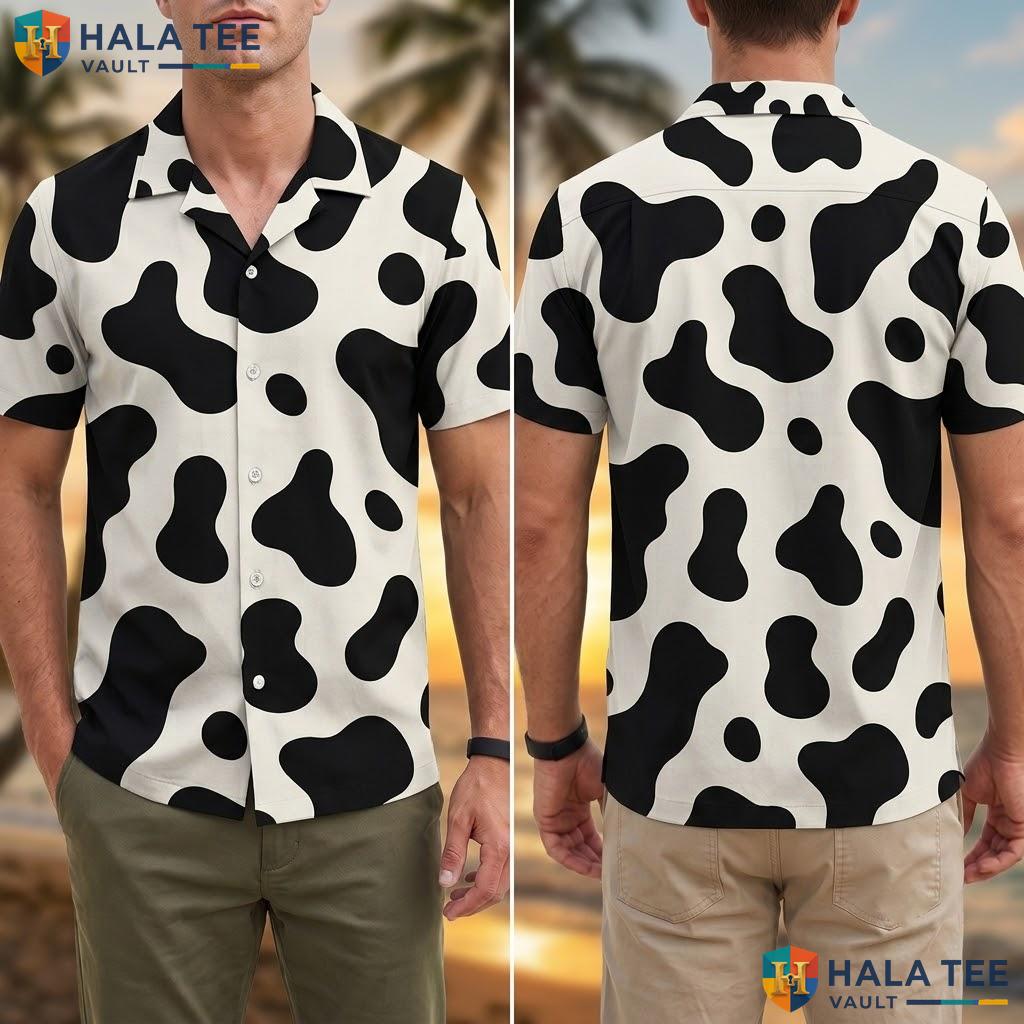 Playful Cow Print Hawaiian Shirt Fun Short Sleeve Button Down Summer Outing Adult
