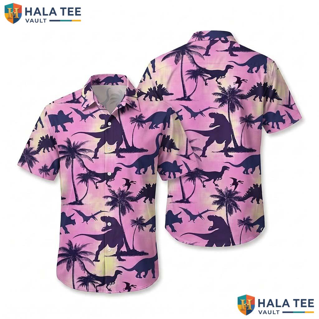 Playful Dinosaur Lover Hawaiian Shirt Vibrant T Rex Pterosaur Graphic Top