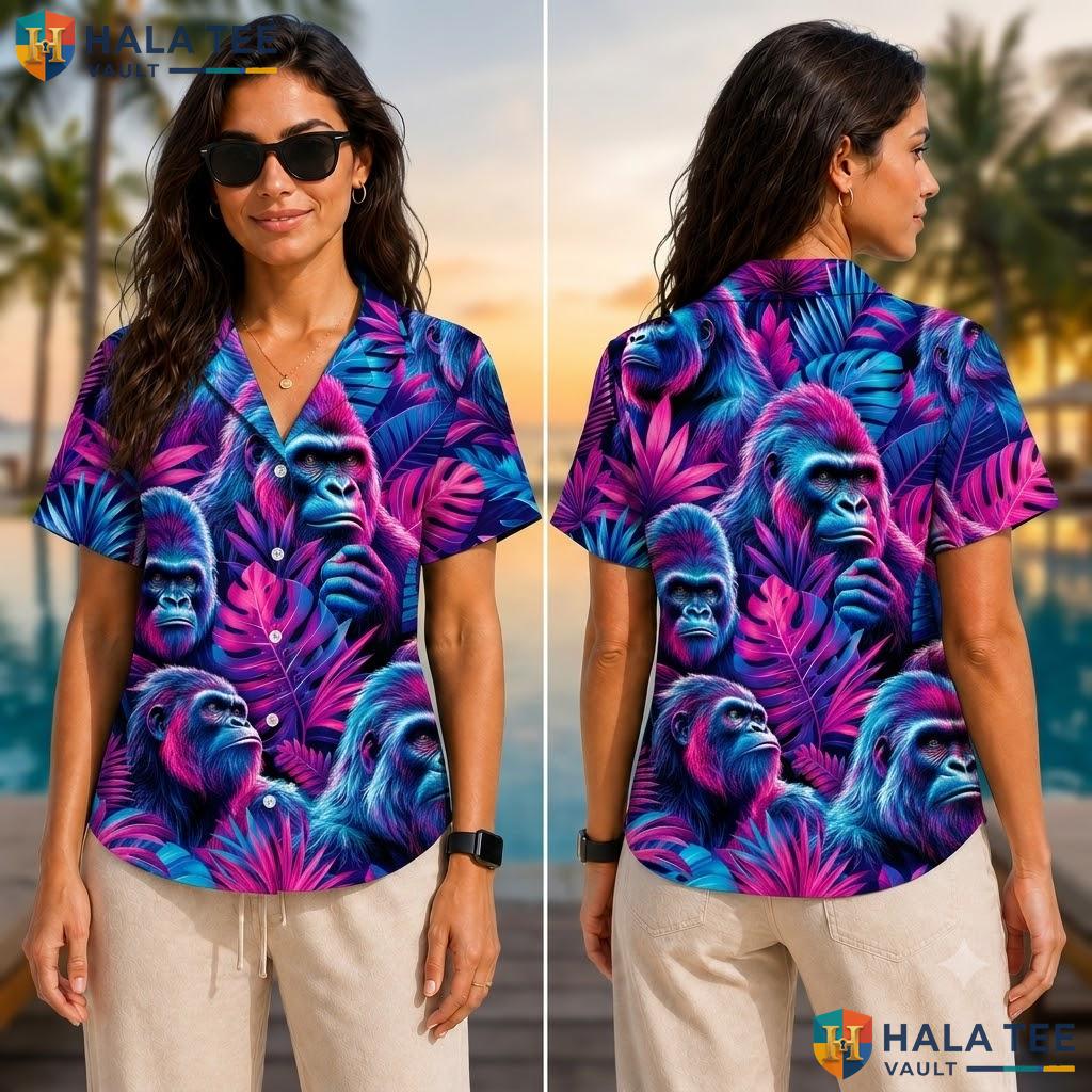 Playful Gorilla Hawaiian Shirt Colorful Tropical Festival Goer Beach Top Adult
