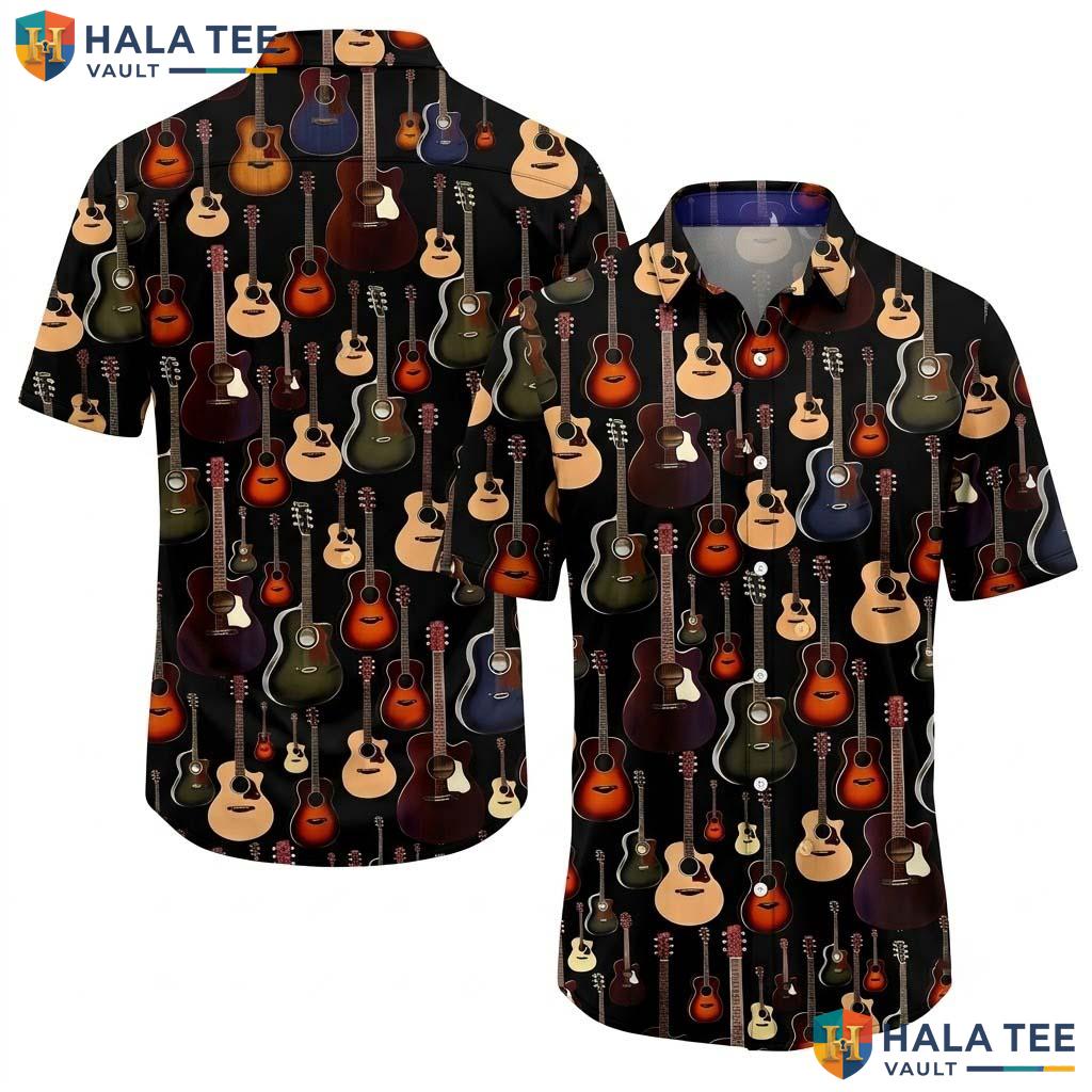 Playful Guitar Lover Hawaiian Shirt Vibrant Acoustic Guitar Print Button Up