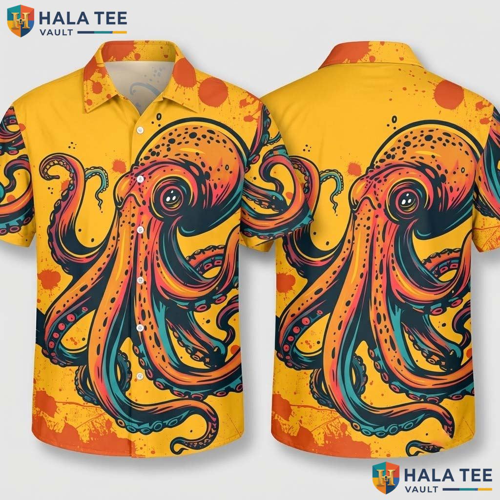 Playful Octopus Hawaiian Shirt Funny Graphic Mens Casual Button Up Top
