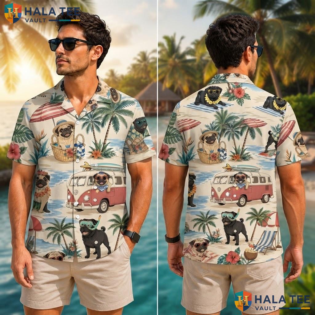 Playful Pug Tropical Hawaiian Shirt Vibrant Summer Pug Palm Button Down Adult