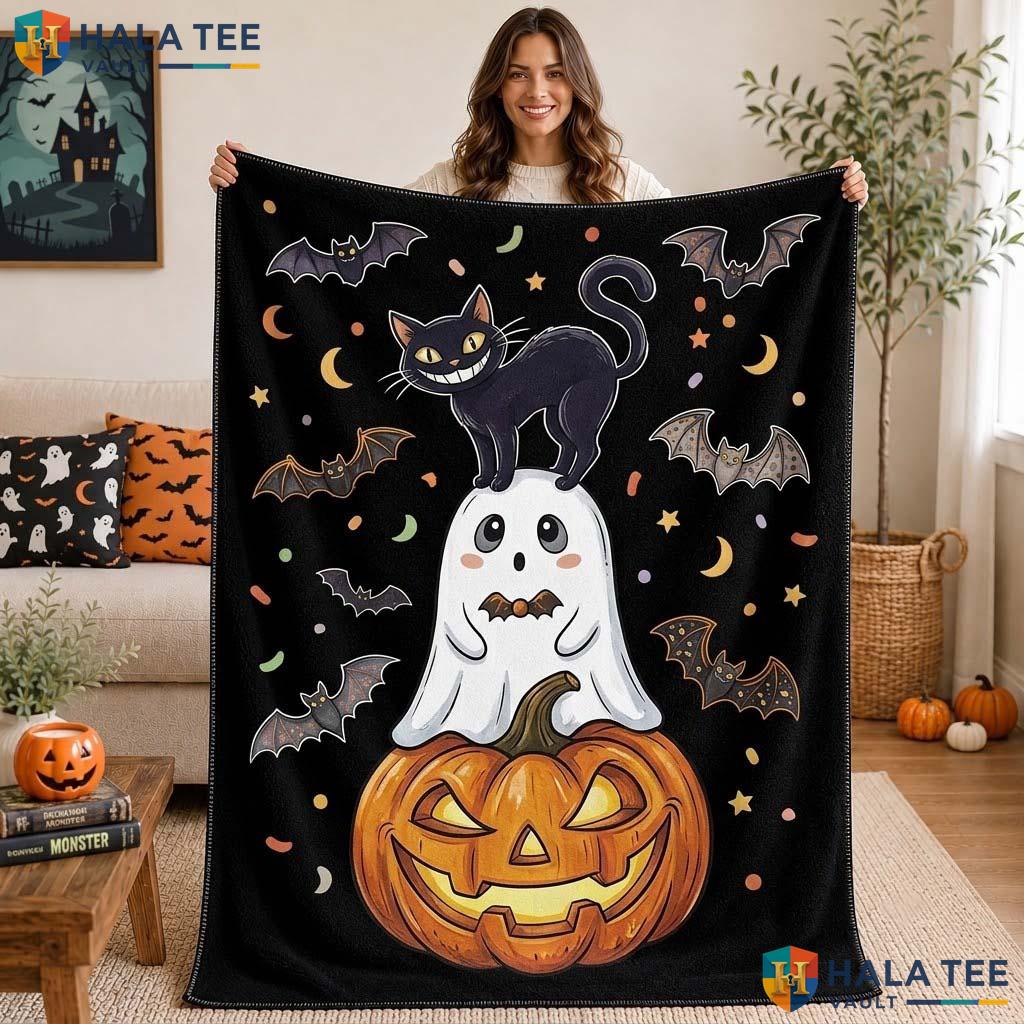Playful Pumpkin Halloween Blanket Cheerful Cat Bat Spooky Throw Decor