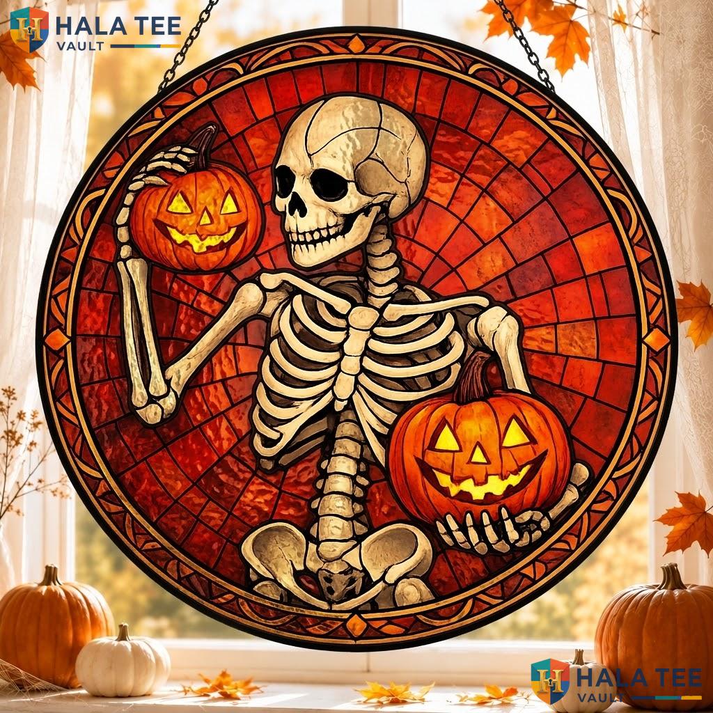 Playful Skeleton Stained Glass Suncatcher, Halloween Pumpkin Decor For Indoor Garden