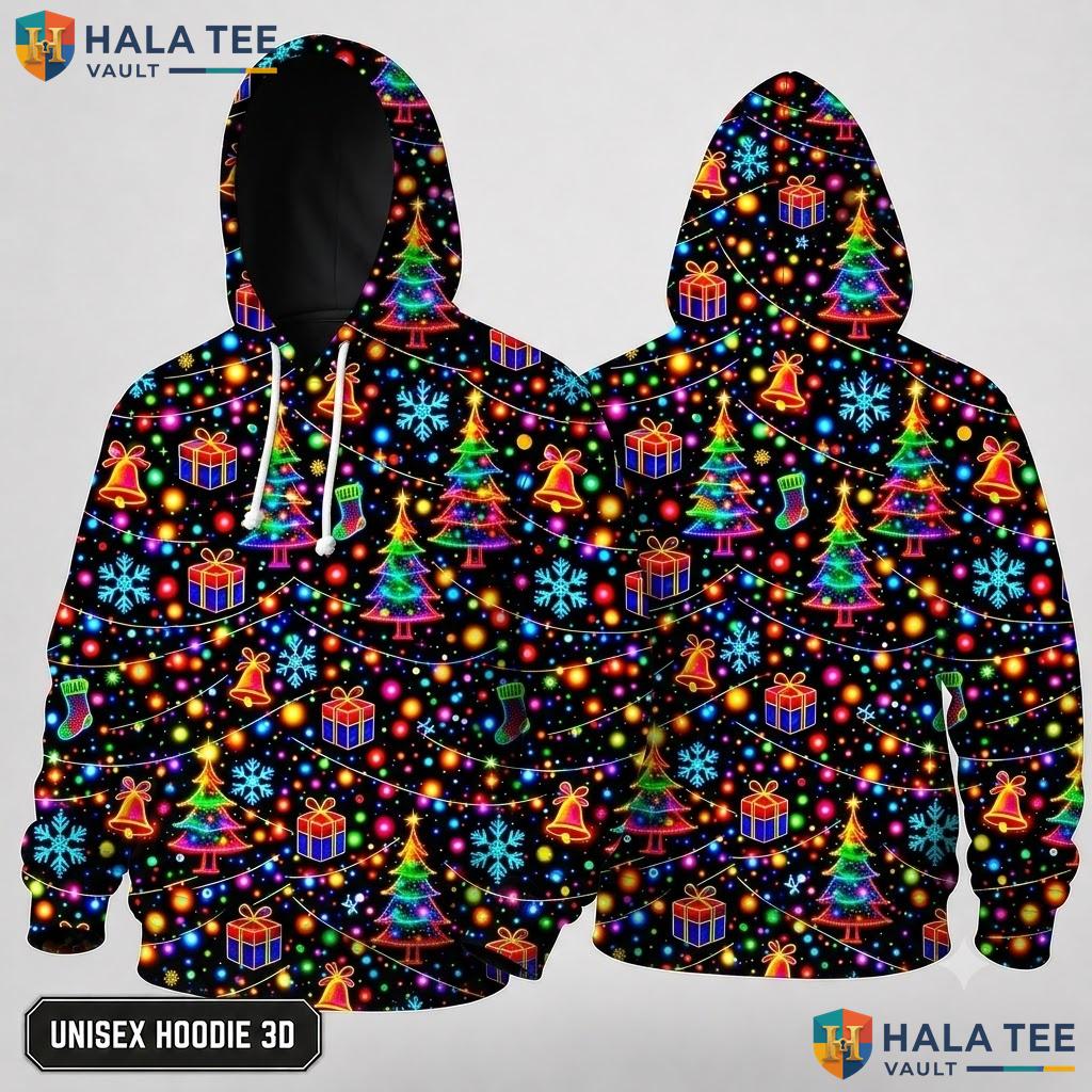 Playful Tree Black Christmas 3D Hoodie Festive Cheer Holiday Top
