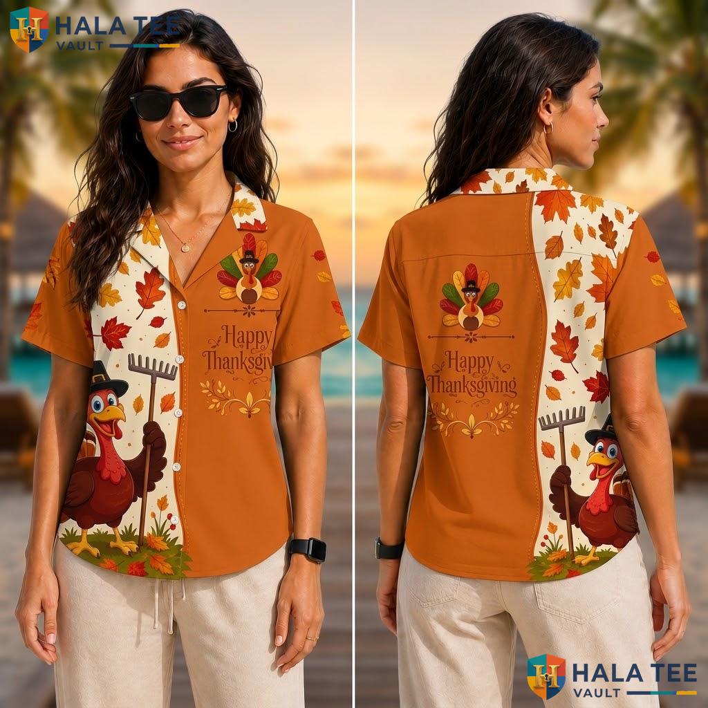 Playful Turkey Thanksgiving Hawaiian Shirt Autumn Leaf Casual Summer Top Adult