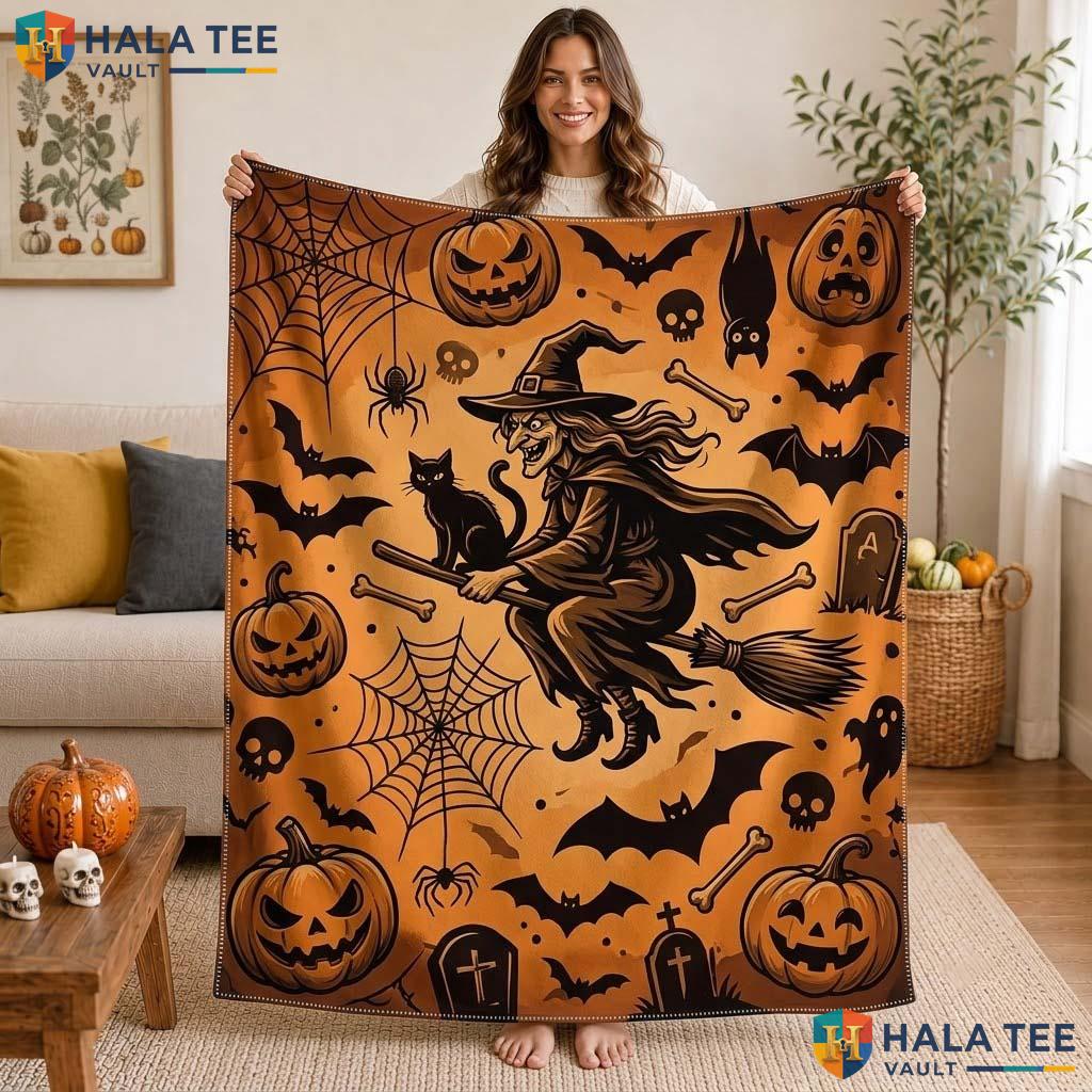 Playful Witch Cat Halloween Throw Whimsical Fleece Party Decor 50x