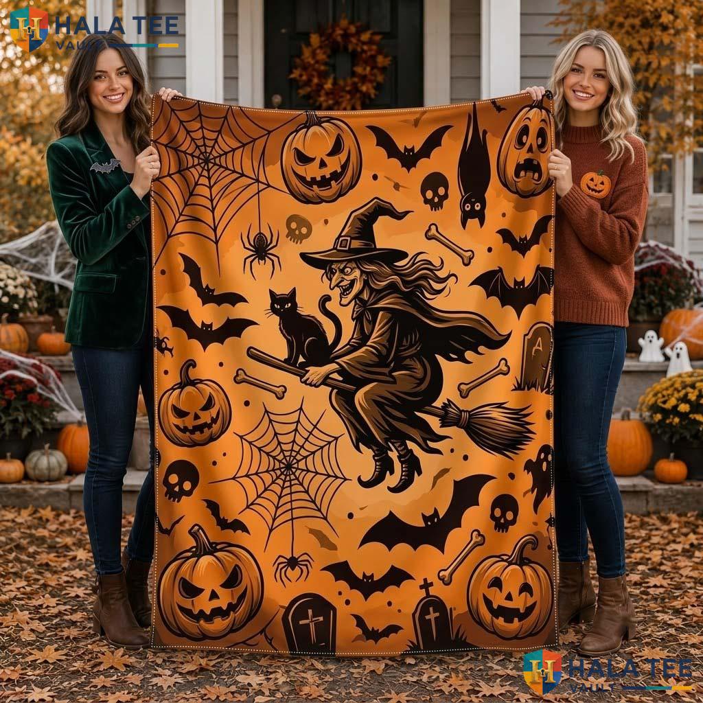 Playful Witch Cat Halloween Throw Whimsical Fleece Party Decor 50x Blanket