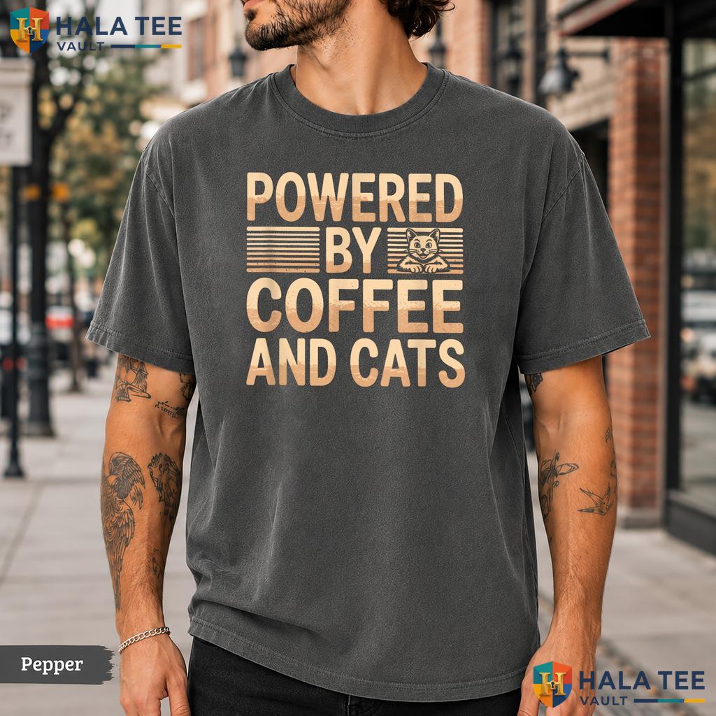 Powered By Coffee Cats Comfort Colors T-Shirt Funny Pet Lover Graphic Top