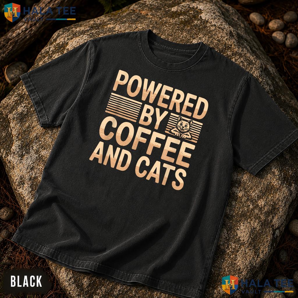 Powered By Coffee Cats Garment-Dyed T-Shirt Funny Pet Lover Graphic Top