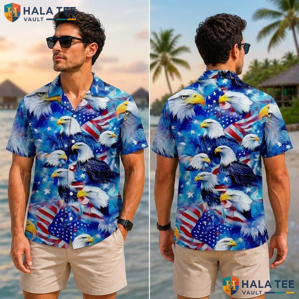 Proud Eagle American Tropical Shirt Patriotic Vibrant Flag Background Top