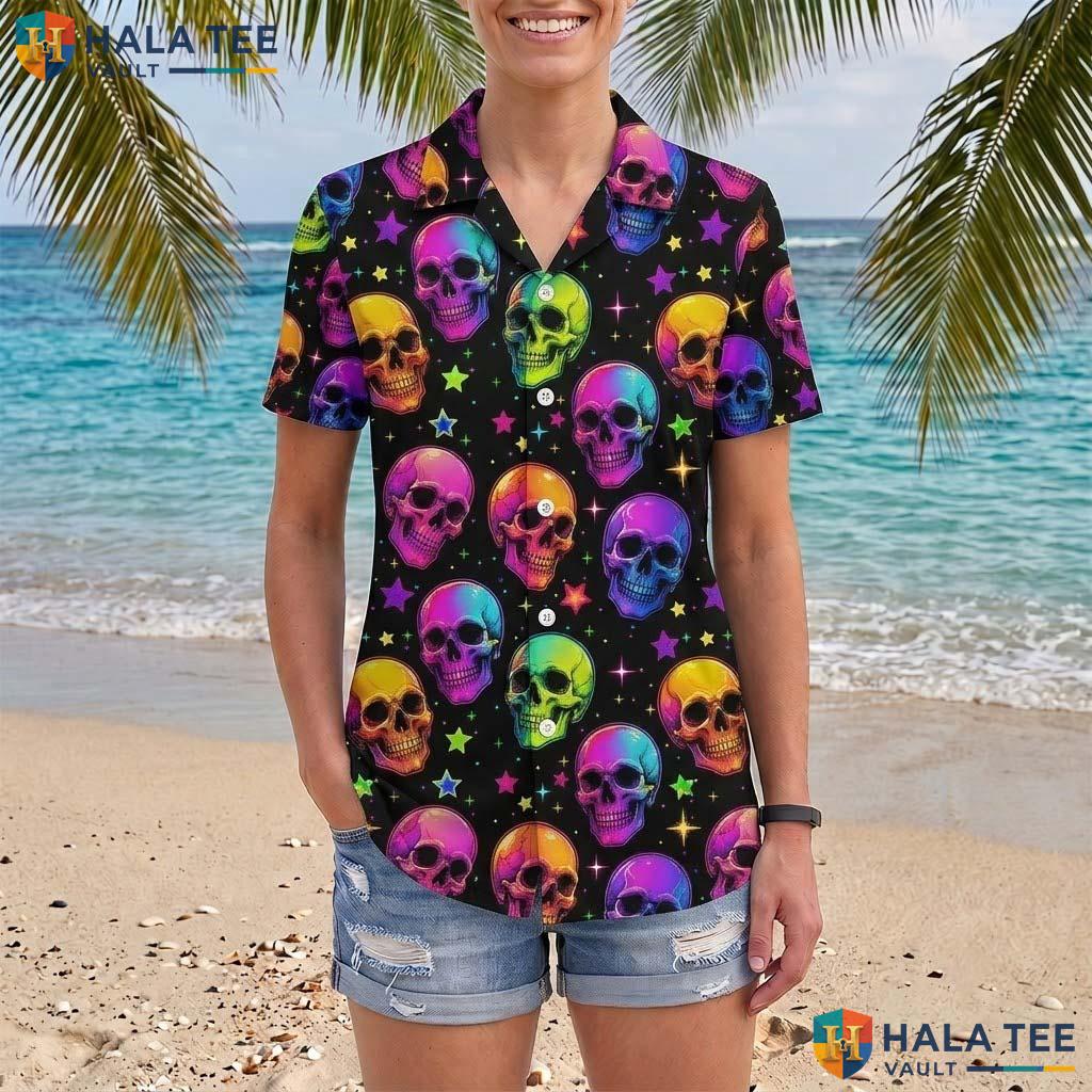 Psychedelic Skull Halloween Hawaiian Shirt Neon Horror Galaxy Aloha Adult