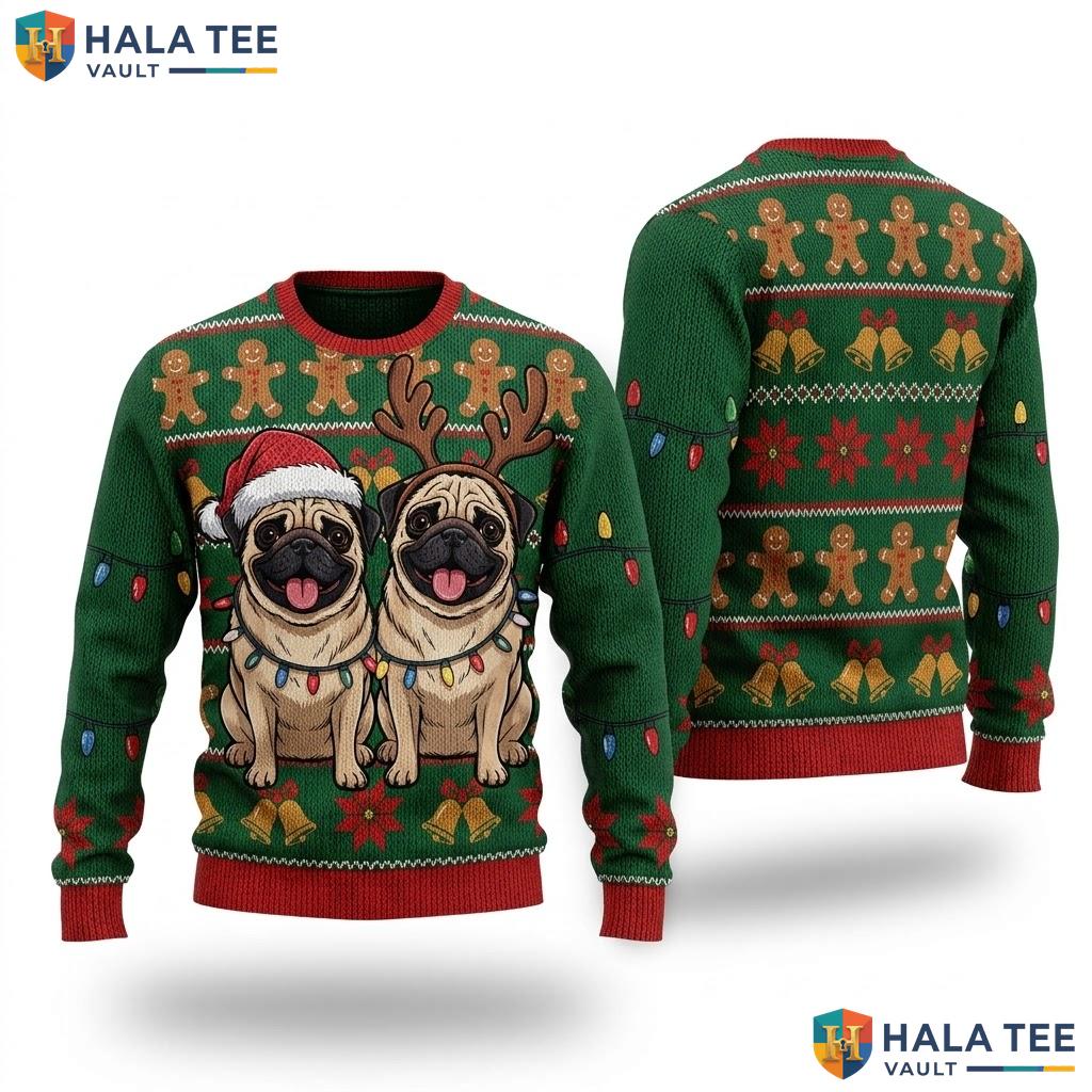 Pug Dog Lights Ugly Christmas Sweater Funny Mens Womens Holiday Top
