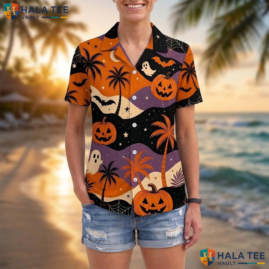 Pumpkin Ghost Halloween Hawaiian Shirt Spooky Tropical Beach Aloha Adult