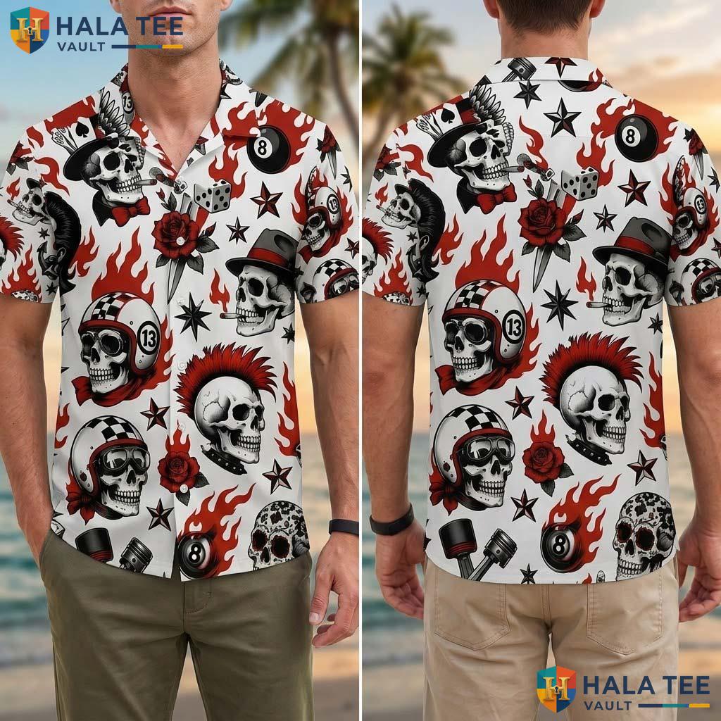 Punk Skull Halloween Hawaiian Shirt Gothic Rockabilly Tattoo Aloha Adult