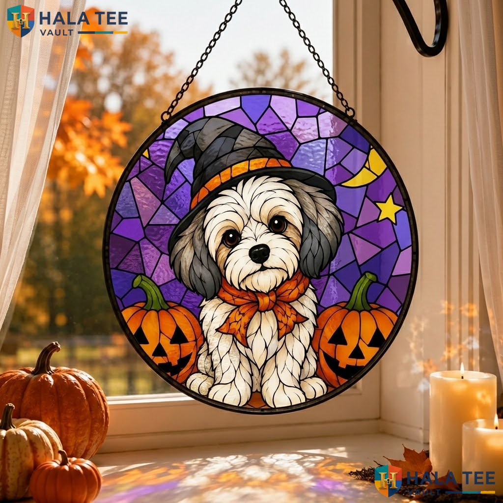 Puppy Witch Halloween Stained Glass Suncatcher Spooky Pet Lover Unique Accent Adult