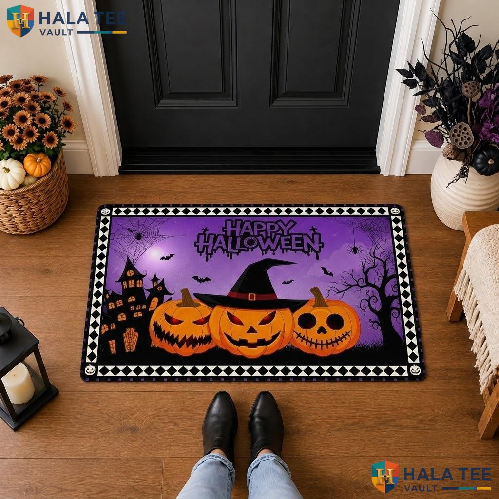 Purple Grimace Bats Halloween Front door mat Haunted Castle Plaid Welcome Porch Rug