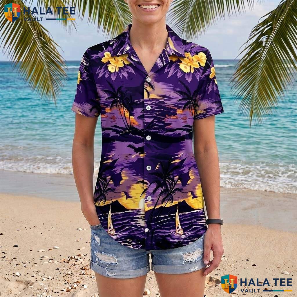 Purple Palm Tree Aloha Shirt Mens Tropical Casual Summer Beachwear