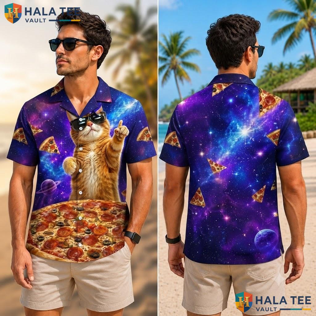 Quirky Cat Pizza Hawaiian Shirt Vibrant Cosmic Graphic Mens Button Down Adult