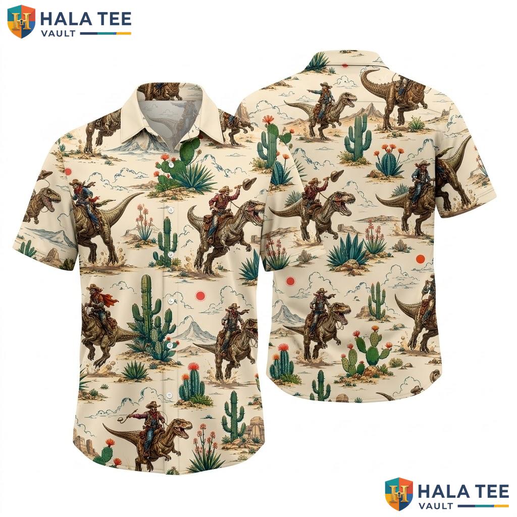 Quirky Cowboy Dinosaur Hawaiian Shirt Vintage Summer Button Down Mens Beach Top