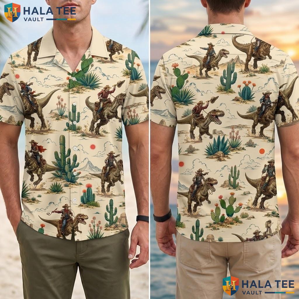 Quirky Cowboy Dinosaur Hawaiian Shirt Vintage Summer Button Down Mens Beach Top Adult