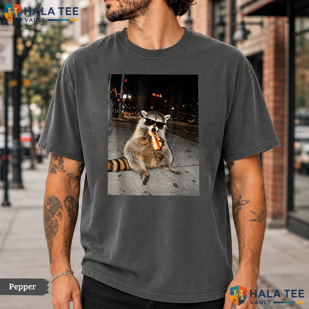 Raccoon Eating Hot Dogs Comfort Colors T-Shirt Funny Hungry Trash Panda Top