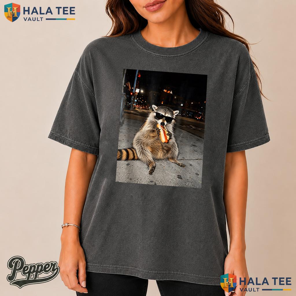 Raccoon Eating Hot Dogs Comfort Colors Shirt Funny Hungry Trash Panda Top