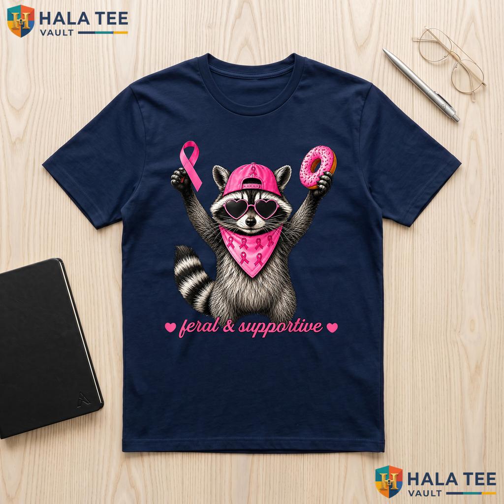 Raccoon Pink Ribbon Cancer Tee Feral Supportive Breast Boys Top Adult