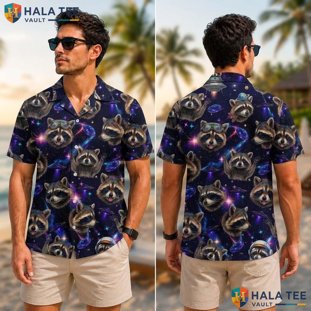 Raccoon Space Farm Life Tropical Shirt Mens Aloha Button Down Vacation