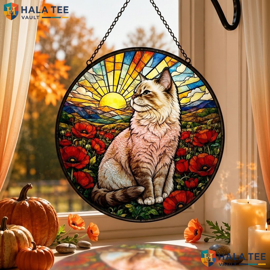 Ragdoll Cat Halloween Stained Glass Suncatcher Vibrant Poppies Sunrise Window Adult