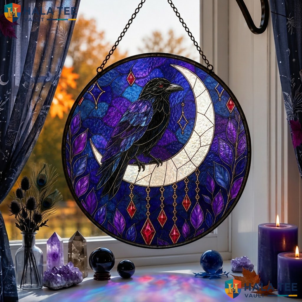 Raven Moon Halloween Stained Glass Suncatcher Gothic Home Window Art Decor Adult