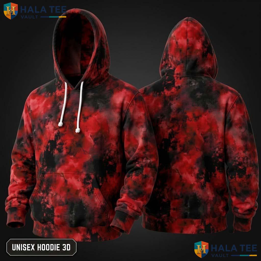 Red Black Tie Dye Hoodie Mens Unisex Rainbow Graphic Art Pullover Top