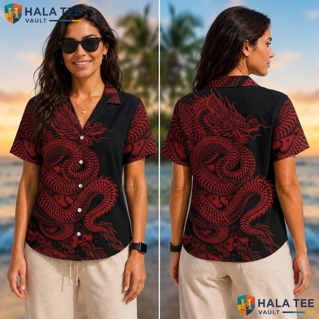 Red Dragon Funny Tropical Shirt Mens Crazy Graphic Vacation Apparel