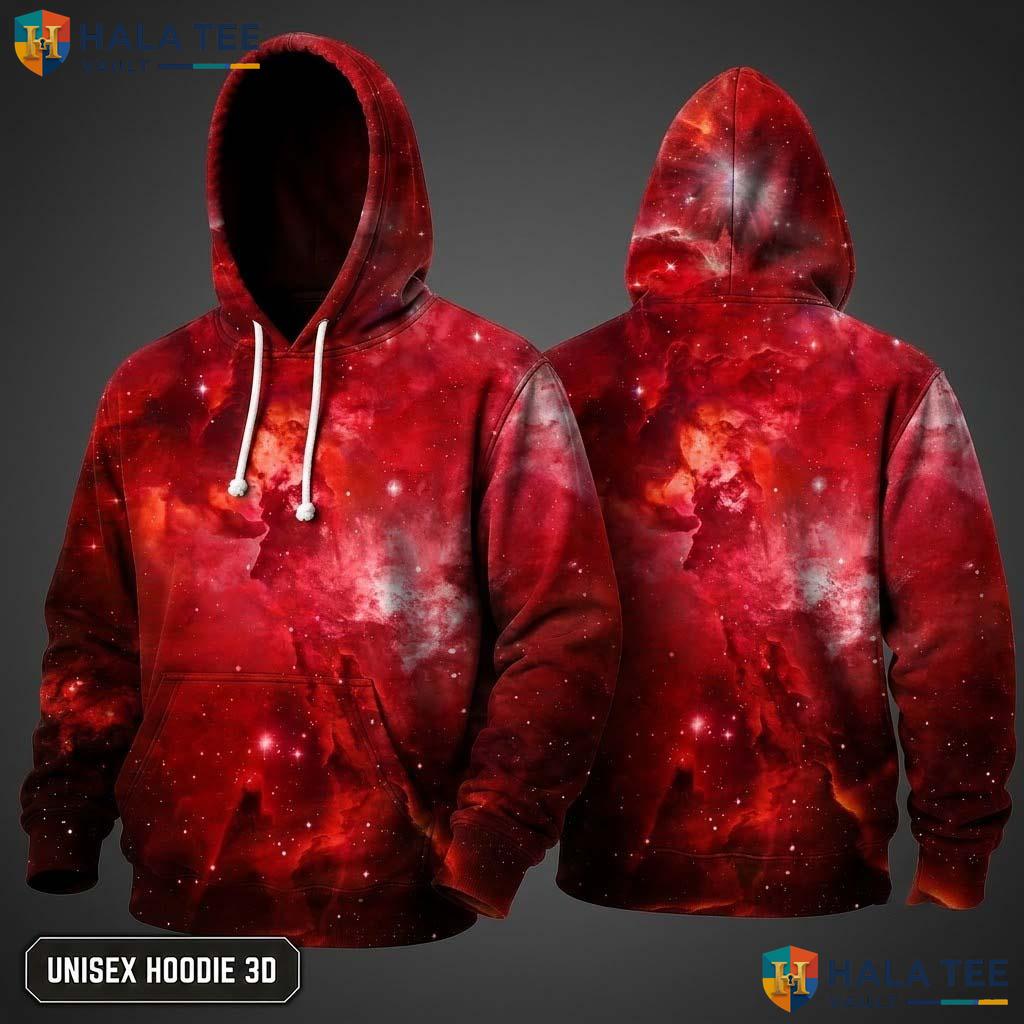Red Galaxy Realistic Hoodie Men Women 3D Graphic Novelty Pullover Top