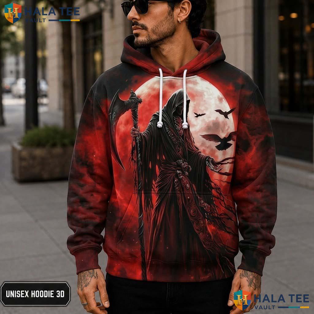 Red Moon Grim Reaper 3D Printed Hoodie Dark Gothic Bat Skeleton Graphic Top